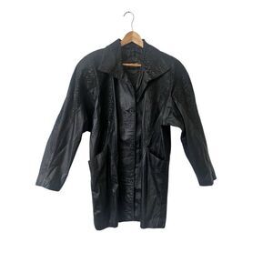 Pelle Vintage Black Leather Coat‎ Snakeskin Detailing Lined Shoulder Pads Small